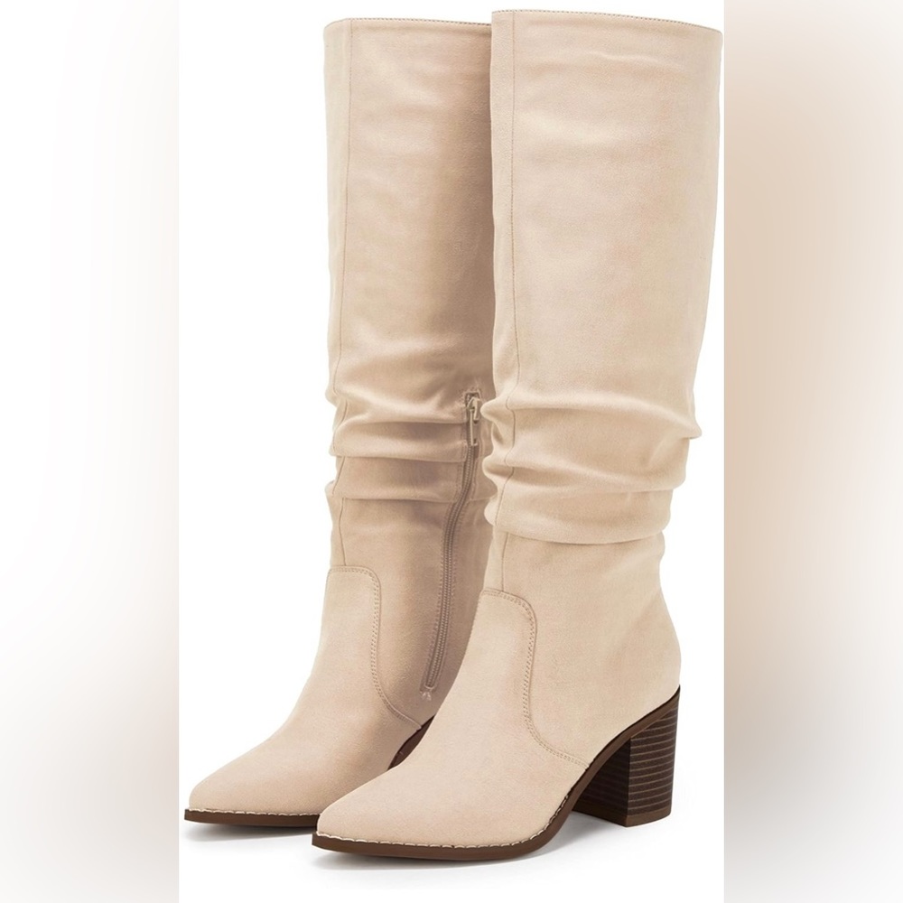 Huiyuzhi Womens Pointed Toe Mid Chunky Heel Side Zipper Knee High Boots / 8.5